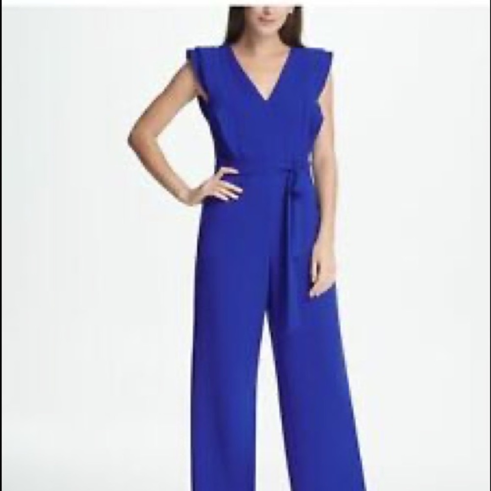 DKNY blue jumpsuit with ruffle top detail